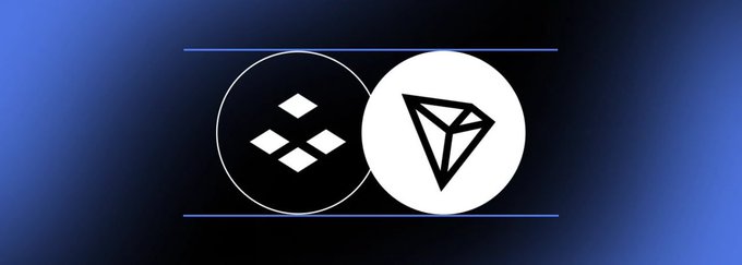 Two cryptocurrency logos side by side on a dark blue background with neon lines — the BNB (Binance) diamond logo on the left and the TRON (TRX) logo on the right.