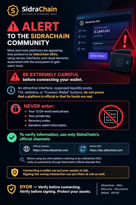 A red and black security notice from 'SidraChain' alerting its community to be careful of scam platforms mimicking their DEX, advising users to never share seed phrases or private keys and to verify information through official channels.