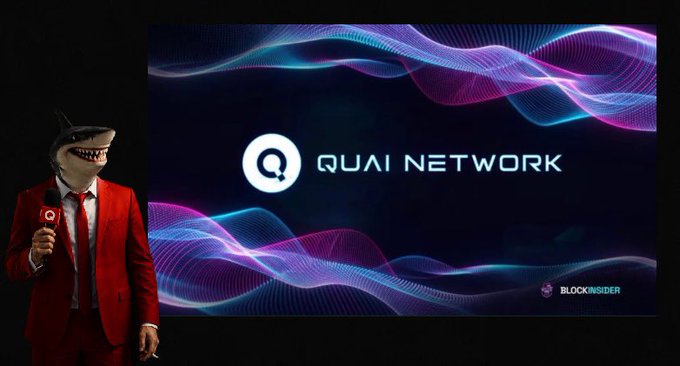 An animated figure wearing a red suit and a shark head holds a microphone next to a screen displaying the "QUAI NETWORK" logo and a "BLOCKINSIDER" watermark.