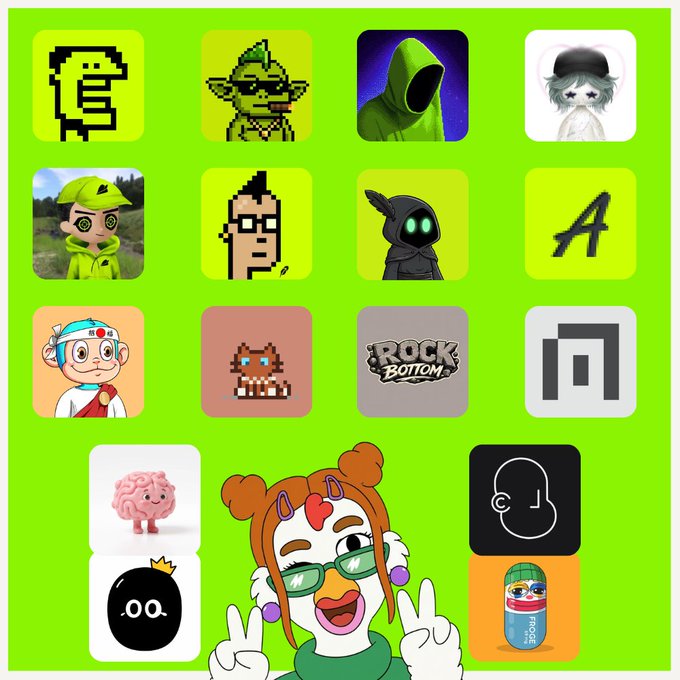 A vibrant lime green collage features a grid of app icons—including a pixelated "C," a goblin, a hooded figure, a stylized "A," a cartoon boy with a green cap, a sheep character with a headband, a pixel cat, a "ROCK BOTTOM" logo, and a cartoon chicken mascot making peace signs—serving as a visual lineup of NFT collection profiles or community avatars being promoted for an upcoming "Wha" IP collection drop on OpenSea and Robinhood.
