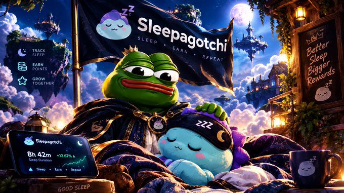 A digital illustration for 'Sleepagotchi' featuring a Pepe the Frog character, a sleeping mascot, and text reading 'SLEEP • EARN • REPEAT' and 'Better Sleep Bigger Rewards'.