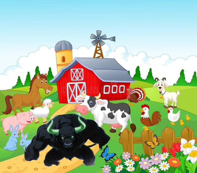 A cartoon farm scene with a red barn, various farm animals including a horse, cow, goat, pig, and chickens, alongside a menacing dark bull creature and rabbits in the foreground.