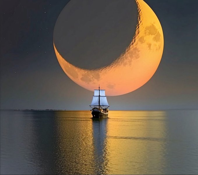 A breathtaking digital artwork of a sailing ship on calm waters beneath a massive crescent moon glowing orange against a starry night sky, with the moon's reflection shimmering on the ocean surface.