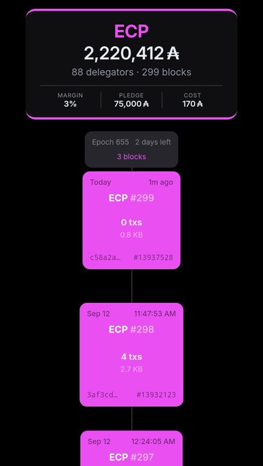 A dark-themed crypto dashboard interface showing 'ECP' with '2,220,412' and details like '88 delegators · 299 blocks', listing recent ECP blocks including #299 and #298.