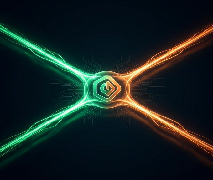 A digital graphic showing green and orange energy streams converging on a central glowing hexagon with circuit board patterns, set against a dark background.
