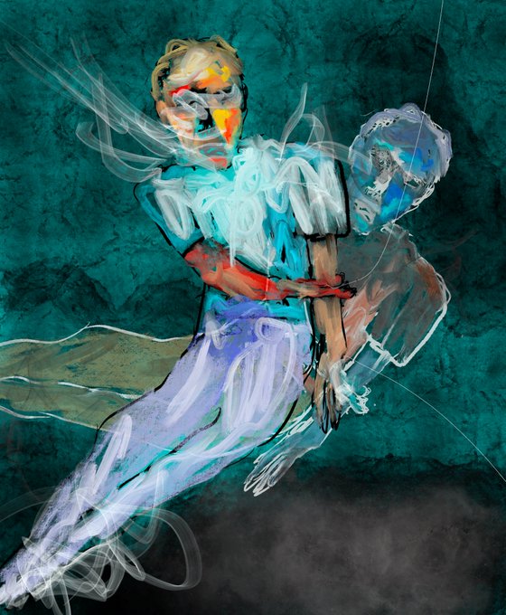 An abstract digital painting of two figures with distorted features in shades of blue, green, and orange against a teal background.
