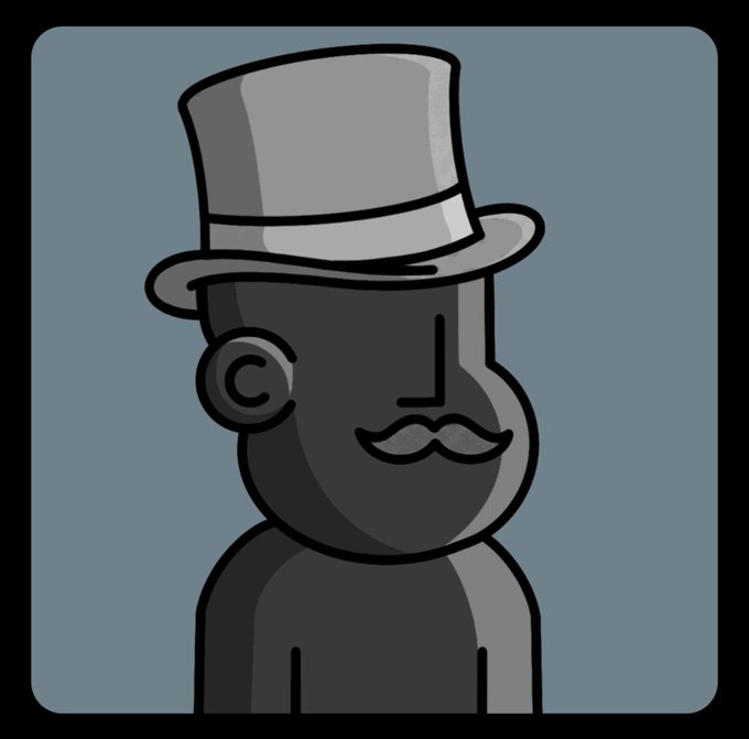 A simple cartoon illustration of a dark-skinned character wearing a grey top hat and sporting a grey mustache against a blue background.