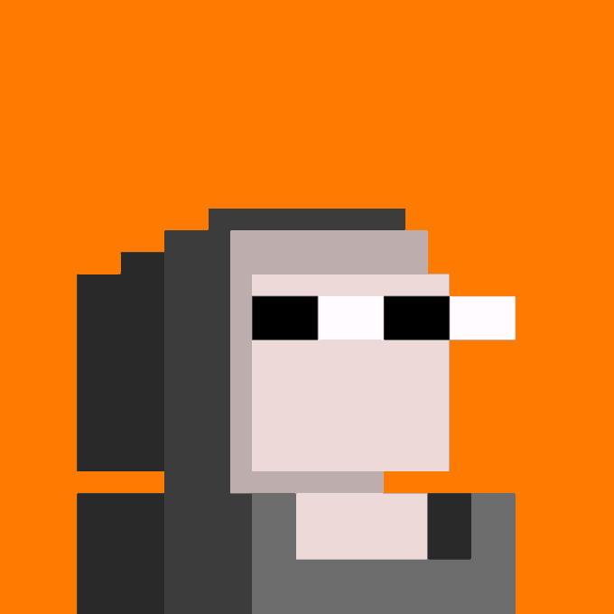 A pixel art image depicts a character wearing black sunglasses with a blue lens reflection, a gray cap, and a gray outfit against a solid orange background.