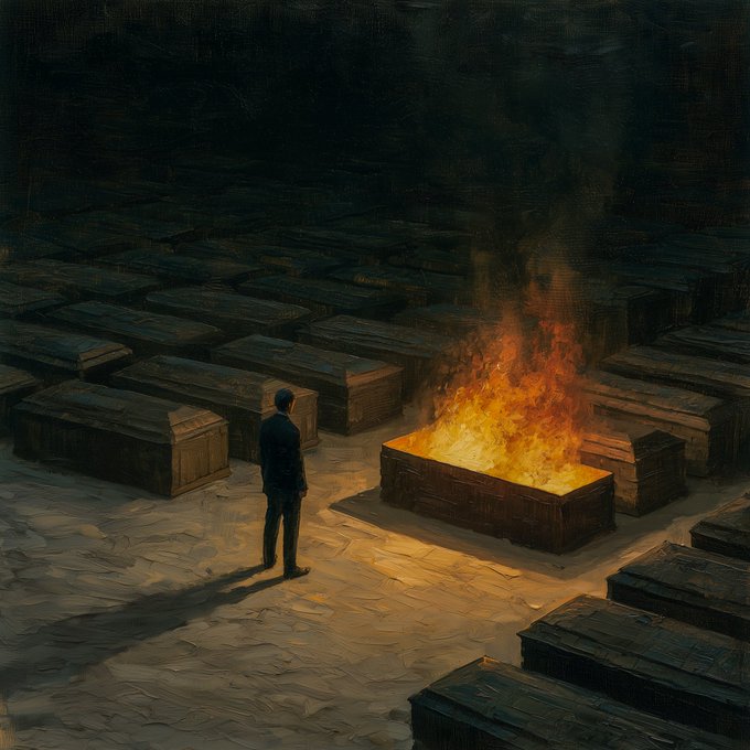 The image features a man standing next to a large open casket, which appears to be burning. The scene takes place in an area with numerous other caskets surrounding him. There are also several people present in the background of the image. The caption reads "this one is for me."