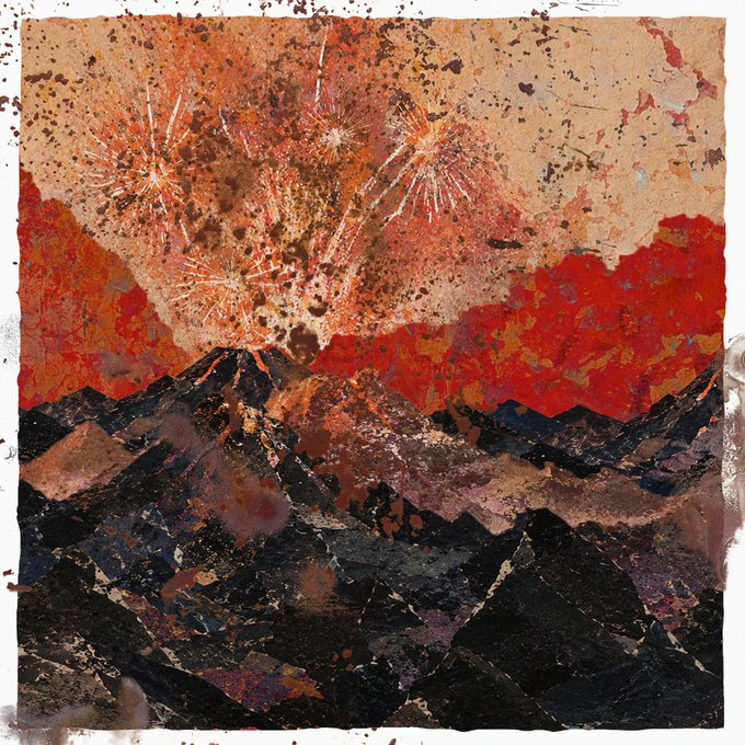 An abstract painting depicts a volcanic eruption with bursts of orange, red, and dark earth tones, showing dark mountains below and starburst-like explosions in the sky.