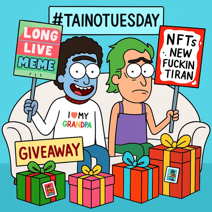Cartoon-style illustration with the hashtag '#TAINOTUESDAY' showing two characters holding signs ('LONG LIVE MEME' and 'NFTs NEW FUCKIN TIRAN') behind a 'GIVEAWAY' banner and wrapped presents.