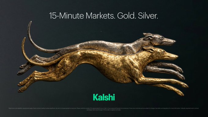 An advertisement for Kalshi featuring the tagline "15-Minute Markets. Gold. Silver." displayed above an image of two running greyhounds sculpted in gold and silver, with the Kalshi logo below, promoting short-duration trading markets backed by Pyth Indices.