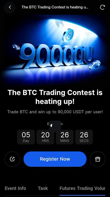 A promotional app screen for 'The BTC Trading Contest is heating up!' offering to 'Trade BTC and win up to 90,000 USDT per user!' with a countdown timer and a 'Register Now' button.