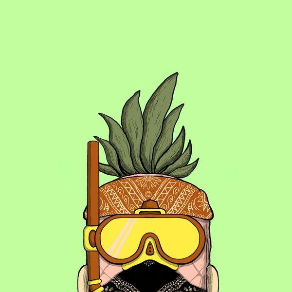 A cartoon pineapple character wearing yellow ski goggles and a patterned orange bandana appears against a green background, likely serving as a mascot for the "PINO" NFT free mint promotion.