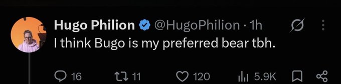 A screenshot of a tweet by Hugo Phillion (@HugoPhillion) stating 'I think Bugo is my preferred bear tbh.', showing 16 replies, 11 reposts, 120 likes, and 5.9K views.