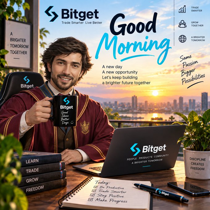 A promotional image for 'Bitget' featuring a man in a maroon robe holding a branded mug, with text reading 'Good Morning', 'A BRIGHTER TOMORROW TOGETHER', and 'Trade Smarter Live Better'.