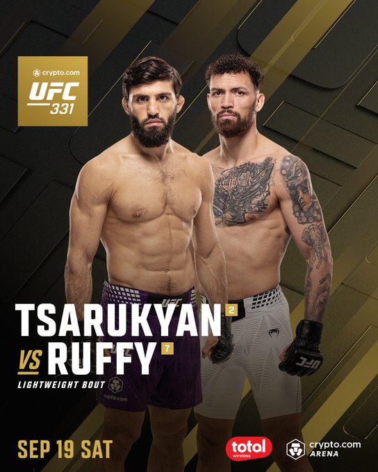 UFC promotional poster for UFC 331's co-main event at Crypto.com Arena on September 19, featuring lightweight bout Arman Tsarukyan (#2) vs. Mateusz Ruffy (#7), matching the accompanying announcement.
