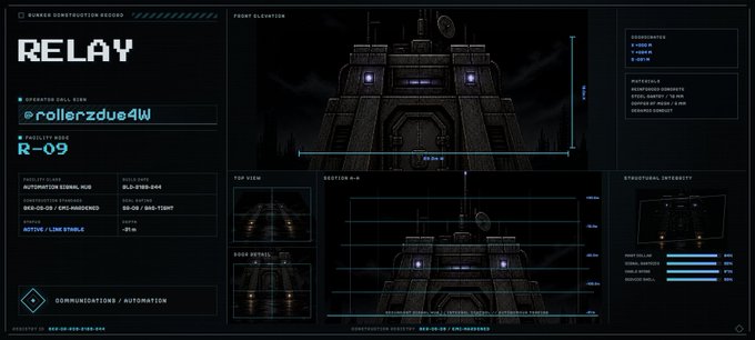 A sci-fi technical readout titled 'RELAY' for 'RUMOR SUBSTATION 092201' designed by 'rollerzdue4W' (R-09), showing 'FRONT ELEVATION' and 'SECTION A-A' views of a fortress-like structure with technical specs and structural integrity bars.