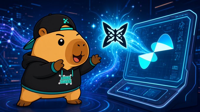 A cartoon capybara wearing a "MIND SHARE" hoodie stands beside a glowing laptop displaying the QuipSwap logo and a butterfly emblem, visually representing the post's reflection on hands-on use of Quip Network's QuipSwap, which integrates post-quantum security into value transfers.