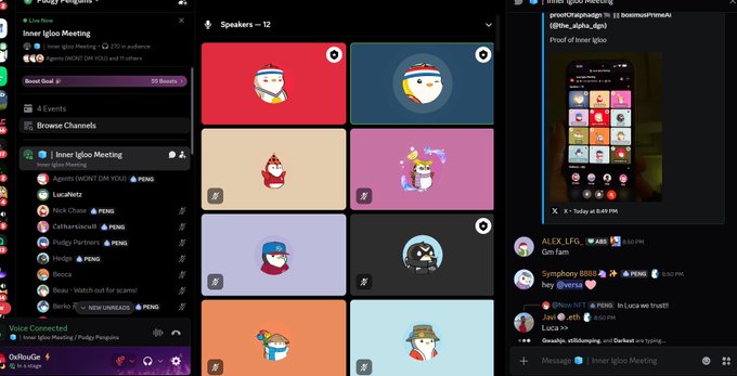 A Discord screenshot showing 12 speakers in the "Inner Igloo Meeting" voice channel with animated penguin avatars, alongside a chat message containing an image titled "Proof of Inner Igloo" that displays a smartphone screen with app icons. The chat conversation between users @the_alpha_dgo, ALEX_LFG, Symphony, and Swag includes interactions like "hey @iverse" and "I can imagine [emoji] In Loca we trust!!"