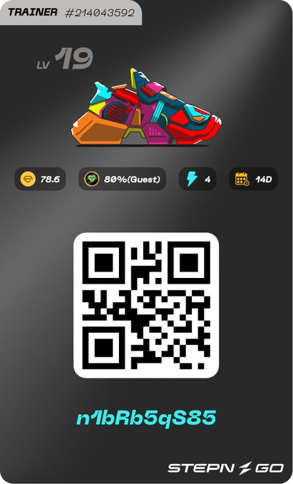 The image features a black background with a QR code displayed, which appears to be from a trainer app called "Stepngo" that was released in 2019. The code reads "n1bRb5qS85". This code is likely used for user registration or login purposes within the app.