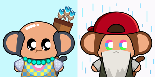 Two cartoon monkey characters appear side by side, one on the left with a quiver of arrows on its back, and one on the right wearing a red cap and crying colorful tears in the rain.