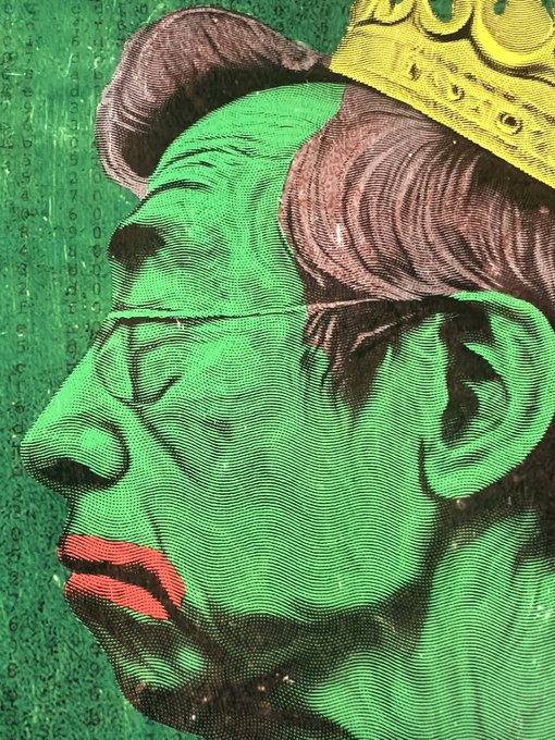 A green-skinned portrait of a figure wearing a crown is rendered in the style of vintage banknote engraving, complete with micro-text and serial numbers visible along the left edge. The piece serves as a tribute to the "Nakamoto" card—the first-ever Rare Pepe—incorporating Bitcoin references like "21 pips" and block hashes that tie the meme-art tradition to crypto origins.