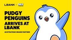 A promotional graphic with a yellow background featuring a penguin mascot and text reading 'LBANK Meme', 'PUDGY PENGUINS ARRIVE AT LBANK', and 'AS STRATEGIC BRAND PARTNER'.
