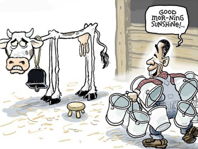 A cartoon showing an emaciated cow with a bell saying 'GOOD MOR-NING SUNSHINE!' to a tired-looking farmer carrying multiple buckets of milk.