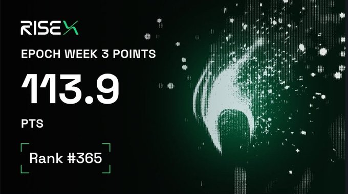 A dark-themed digital dashboard graphic displaying 'RISE' logo, 'EPOCH WEEK 3 POINTS', a score of '113.9 PTS', and 'Rank #365' with a stylized Spartan helmet graphic.