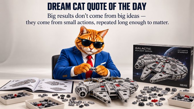A promotional 'Dream Cat Quote of the Day' image featuring an orange tabby cat in a blue suit and sunglasses building a 'Galactic Builder Series' Ultimate Starship Lego set (1425 pieces), with the quote: 'Big results don't come from big ideas — they come from small actions, repeated long enough to matter.'