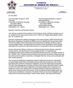 A 'National Fraternal Order of Police' memo dated 24 July 2020, criticizing proposed provisions of H.R. 3235, the 'Digital Asset Market Clarity Act,' for not aligning with law enforcement priorities.