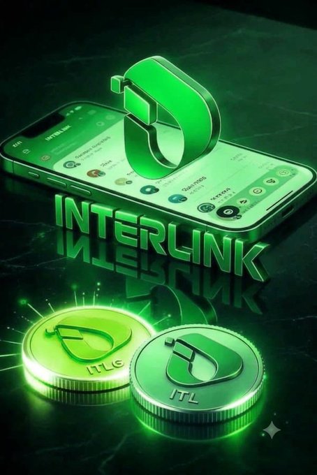 A vibrant green-themed digital advertisement for 'INTERLINK' showing a smartphone displaying the app interface, accompanied by glowing 3D coin graphics labeled 'ITL'.