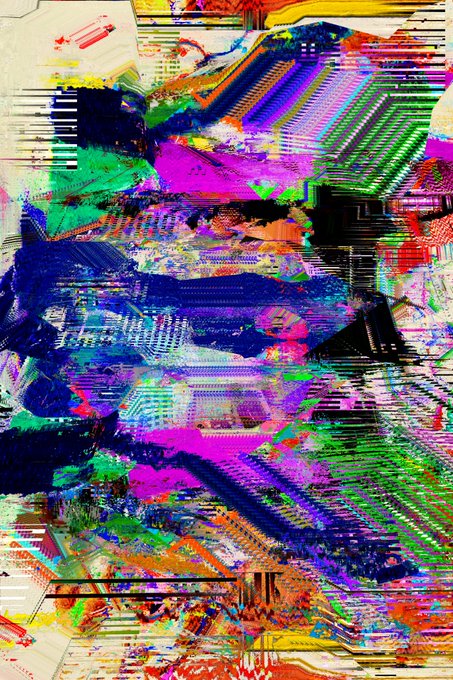 An abstract digital artwork features vibrant, glitchy patterns with horizontal stripes and geometric shapes in blue, green, purple, and yellow hues.