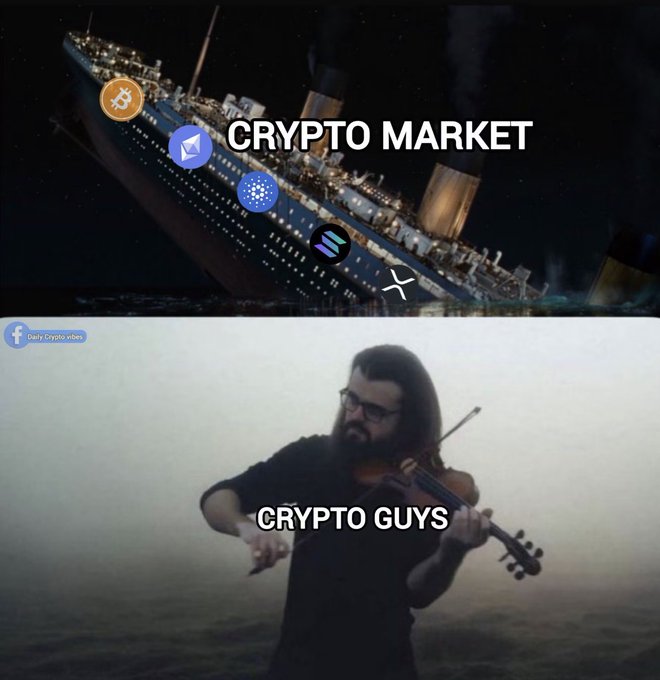 A two-panel meme comparing the 'CRYPTO MARKET' (depicted as the Titanic sinking with crypto coin logos) to 'CRYPTO GUYS' (a lone bearded man playing violin calmly as the ship goes down).