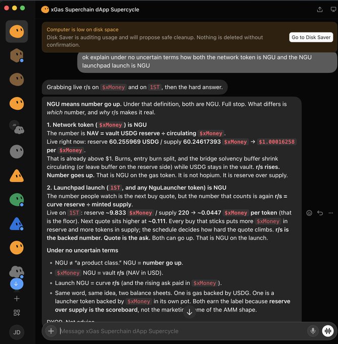 A screenshot of a Discord or chat interface titled 'xGas Superchain dApp Supercycle' containing a detailed text message explaining the 'NGU' (number go up) concept for 'Network token ($xMoney)' and 'Launchpad launch ($1ST)'.