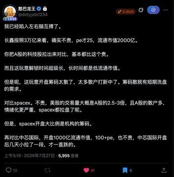 Chinese social media post (Twitter/X style) by user @dotydot1234 about meme coins, discussing 长鑫 (CXMT) valuation, A股 vs spacex comparison, and 中芯国际 (SMIC) opening up 1000 billion market cap.