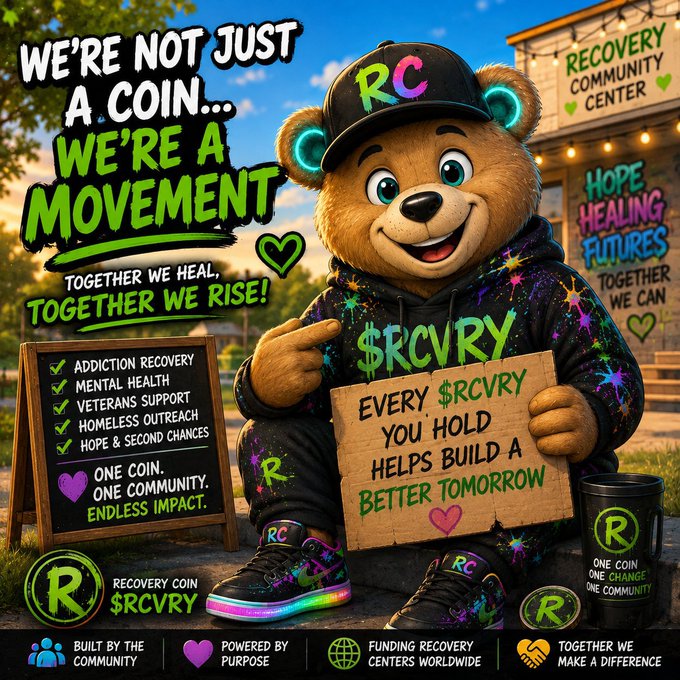 A promotional graphic for "Recovery Coin" ($RCVRY) featuring a cartoon bear mascot holding a sign that reads "Every $RCVRY you hold helps build a better tomorrow," with text declaring "We're not just a coin... we're a movement" and listing causes like addiction recovery and veterans support.
