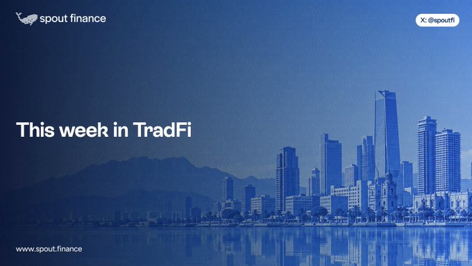 Blue-tinted cityscape banner reading 'This week in TradFi' by spout finance, with the X handle @spoutfi and website www.spout.finance.