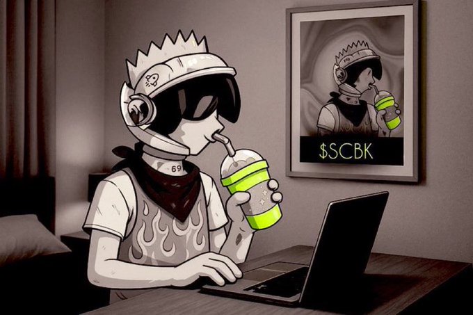An illustration of a character wearing a spiked helmet and bandana, working on a laptop and drinking a green beverage, with a framed picture on the wall displaying the text '$SCBK'.