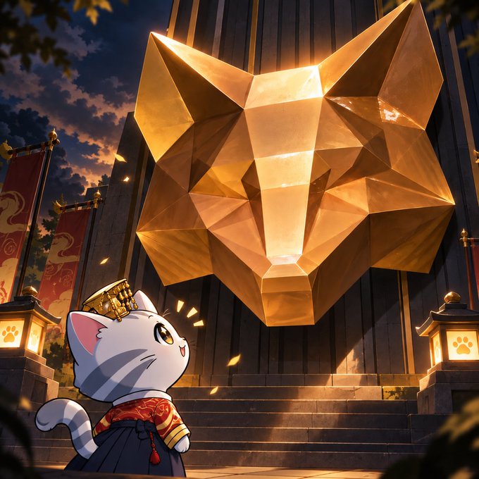 An anime-style illustration depicts a small white cat character wearing a golden crown and traditional Japanese clothing, looking up in awe at a massive geometric golden cat head monument.