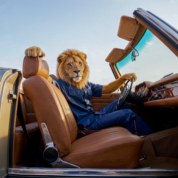 A majestic lion dressed in a blue outfit leisurely sits behind the wheel of a classic convertible, paws resting on the steering wheel and headrest, perfectly embodying the "no rush" sentiment of enjoying the drive with nowhere urgent to be.