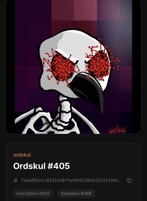An NFT artwork listing titled 'Ordskul #405' by ordskul, depicting a skeleton with red crackling eyes and signature '405/666', tagged as Inscription #405 and Common #386.