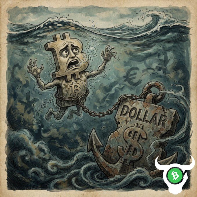 The image depicts an anthropomorphic Bitcoin character struggling underwater, chained to a heavy stone anchor labeled "DOLLAR" with a "$" symbol, surrounded by stormy waves and faint currency symbols. It visually represents the post's message that sound money like Bitcoin must be freed from its tether to the U.S. dollar to truly serve as an independent monetary system.