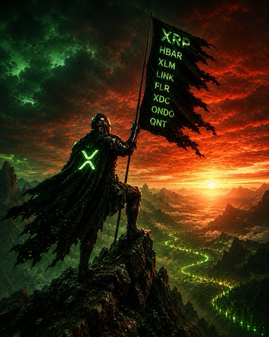 A hooded warrior stands atop a rocky peak holding a battle-scarred banner listing crypto tickers (XRP, HBAR, XLM, LINK, FLR, XDC, ONDO, QNT), while a glowing green "X" on his cape and a winding river of emerald light below represent XRP. The scene embodies the post's message of steadfast conviction—knowing the true value of what you own turns fear of a dip into resolve to buy more.
