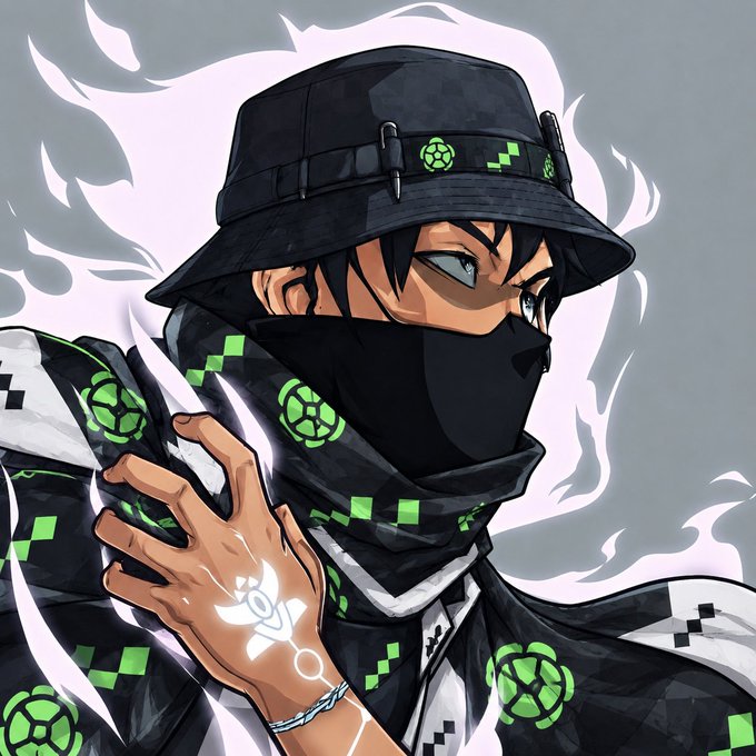 Anime-style digital art of a dark-haired character wearing a black bucket hat with pixelated green patterns and a matching face-covering scarf, with a white eye-shaped mark on their hand.