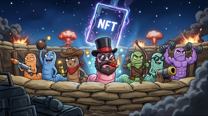 A colorful cartoon illustration featuring various characters including worms, a cowboy, and muscular warriors surrounding an NFT card, set against a battlefield with explosions.