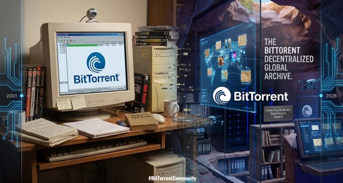 A promotional graphic depicting an old desktop computer displaying the BitTorrent logo on its monitor, contrasted with a futuristic decentralized global archive scene; text reads 'THE BITTORRENT DECENTRALIZED GLOBAL ARCHIVE' and '#BitTorrentCommunity'.