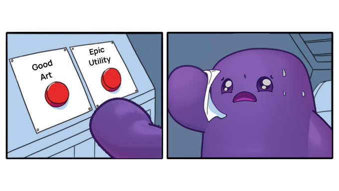 The image features a cartoon purple monster with a sad expression, standing next to two red buttons labeled "Good Art" and " Epic Utility", both of which are located at the top left corner of the image. The monster appears to be contemplating whether or not to choose between these two options.