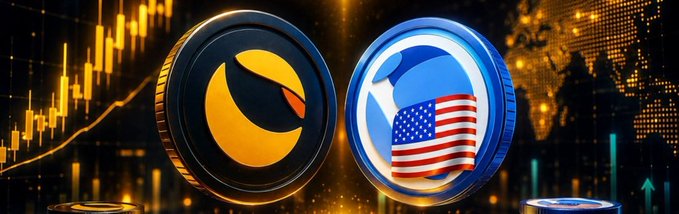 A stylized financial graphic shows a gold-and-black Starknet-style coin beside a coin containing the United States flag, set against rising market charts and a digital world map.
